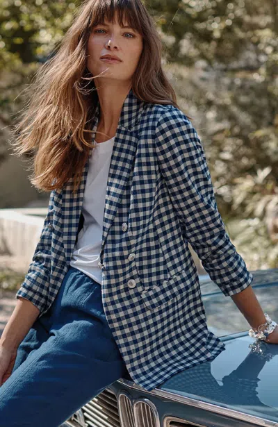 Jjill Linen-stretch Double-breasted Blazer In Blue Ink/french White