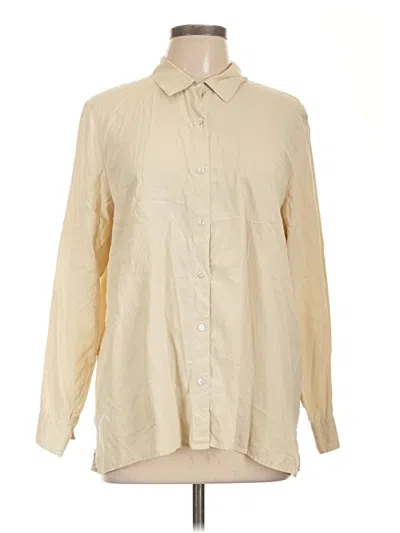 Pre-owned Jjill Long Sleeve Silk Top Tan Solid Pattern Collared Neckline Tops In Brown