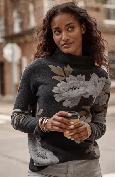 Jjill J.jill Majestic Funnel-neck Sweater In Dark Charcoal Heather Floral Jacquard