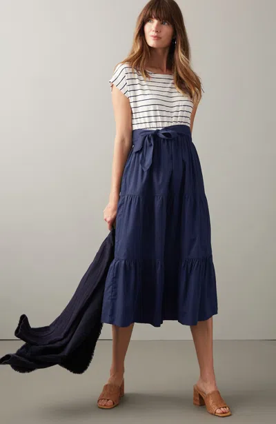 Jjill J.jill Mixed-media A-line Dress In Cream,navy Blue