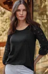 Jjill J.jill Mixed-media Eyelet-sleeves Top In Black