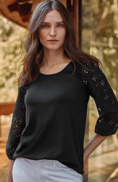 Jjill J.jill Mixed-media Eyelet-sleeves Top In Black