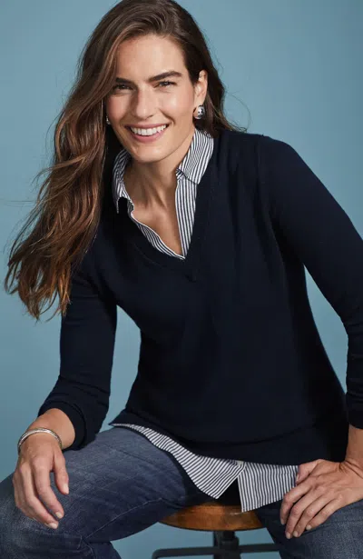 Jjill J.jill Mixed-media Shirt-collar Sweater In Navy Blue Multi