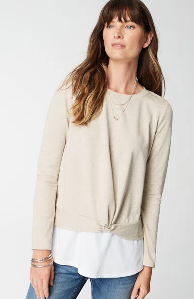 Jjill J.jill Mixed-media Twist-front Top In Flax Heather,white