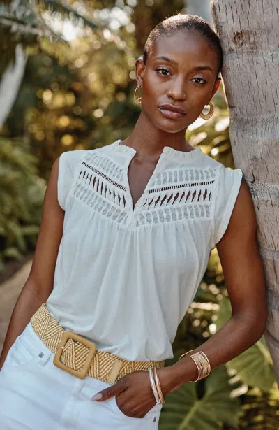 Jjill Mixed-media Ruffle-neck Top In White