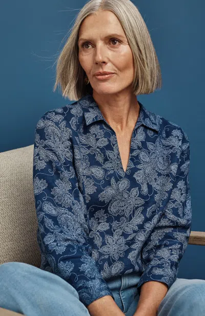 Jjill J.jill Non-iron Linen Popover Shirt In Blue Ink Mehndi Jacobean