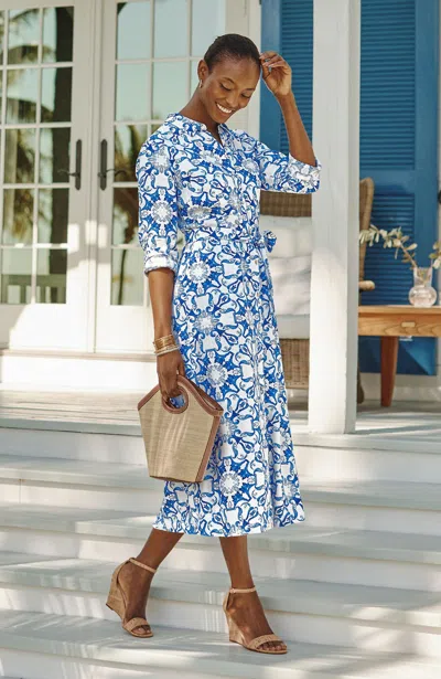 Jjill Petite Belted A-line Shirtdress In Vibrant Blue Painterly Tiles