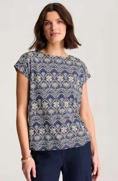 Jjill Petite Boat-neck Buttoned-back Tee Shirt In Bayside Blue Wallpaper Palms