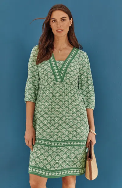 Jjill Petite Border-printed Flounced-hem Dress In Green