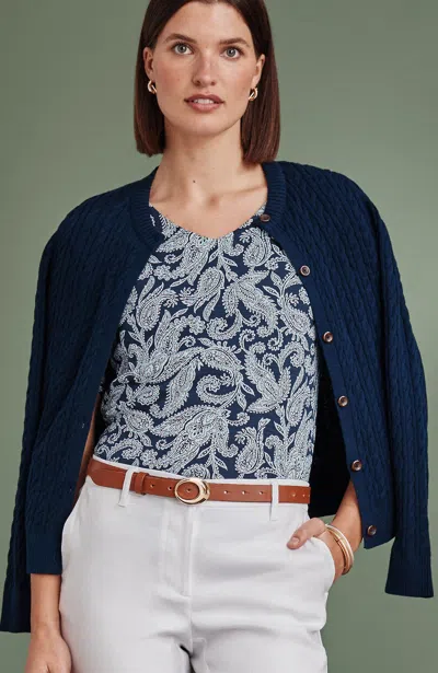 Jjill Petite Cabled Button-front Cardigan In Navy Blue