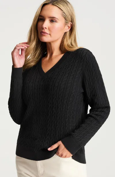 Jjill Petite Cabled V-neck Pullover In Black