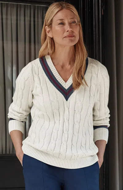 Jjill Petite Cabled V-neck Sweater In Pearl White Heather Multi