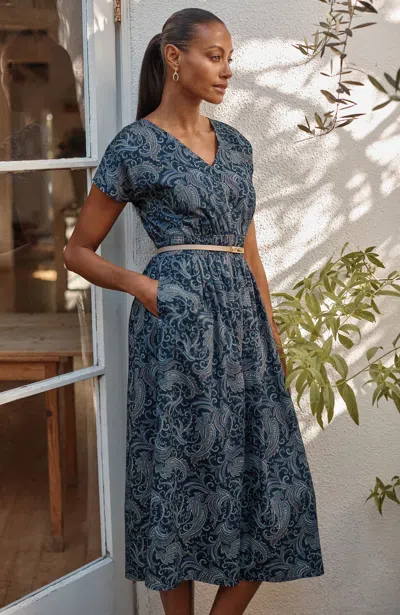 Jjill Petite Cap-sleeve Midi Dress In Classic Navy Delicate Paisley