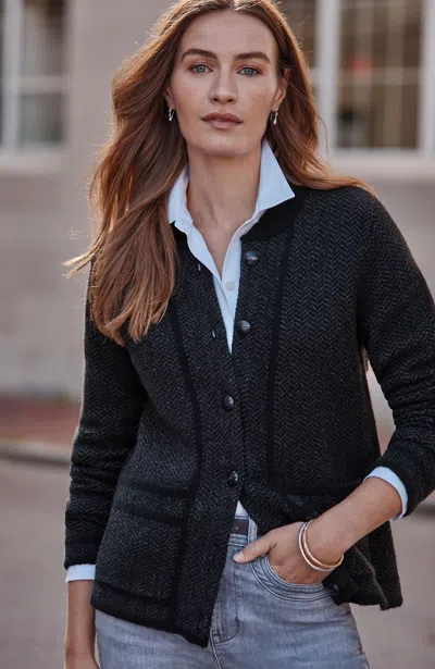 Jjill Petite Chevron Sweater-jacket In Black/ Grey