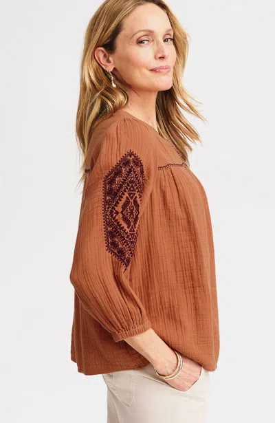 Jjill Petite Cotton-gauze Contrast-embroidered Top In Paprika/raisin