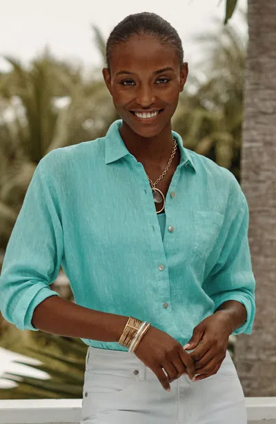 Jjill Petite Easy Linen Button-front Shirt In Aqua Breeze/white