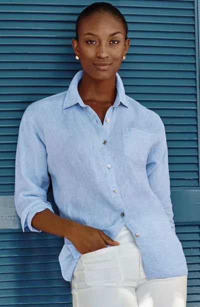 Jjill Petite Easy Linen Button-front Shirt In Blue Sparrow/white
