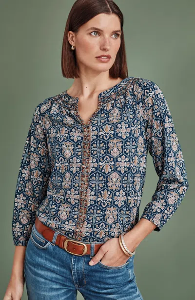 Jjill Petite Embroidered Printed Top In Prussian Blue Medallion Stamp