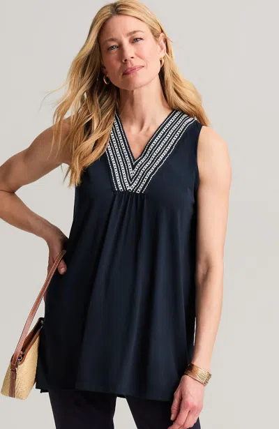 Jjill Petite Embroidered Sleeveless Tunic In Navy Blue/white