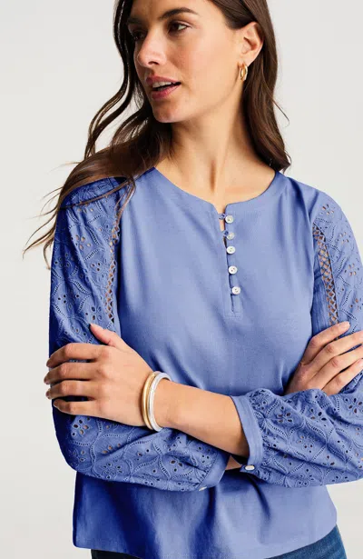 Jjill Petite Eyelet-trimmed Jersey Top In Blue