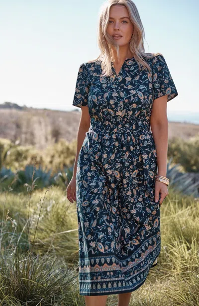 Jjill Petite Flutter-sleeve Midi Dress In Prussian Blue Jacobean Vines