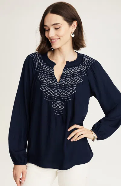 Jjill Petite Hand-smocked Top In Navy Blue Multi
