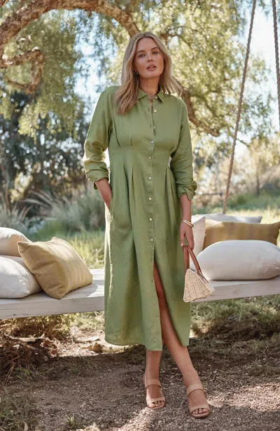 Jjill Petite Linen Midi Dart-waist Dress In Olivine