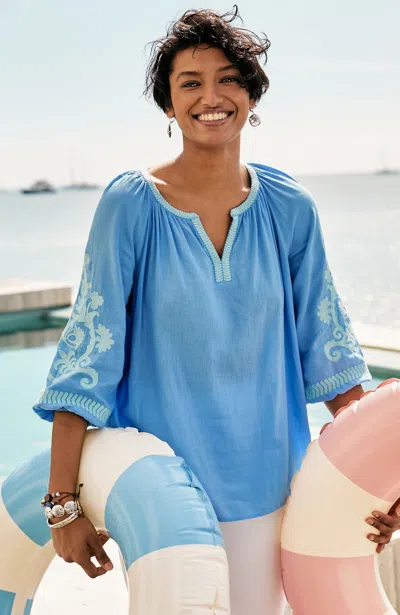 Jjill Petite Linen-blend Embroidered Popover In Breezy Blue/cool Aqua