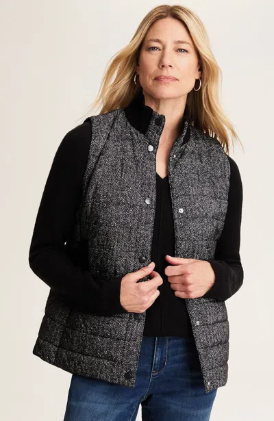 Jjill Petite Mixed-media Puffer Vest In Black Autumnal Herringbone
