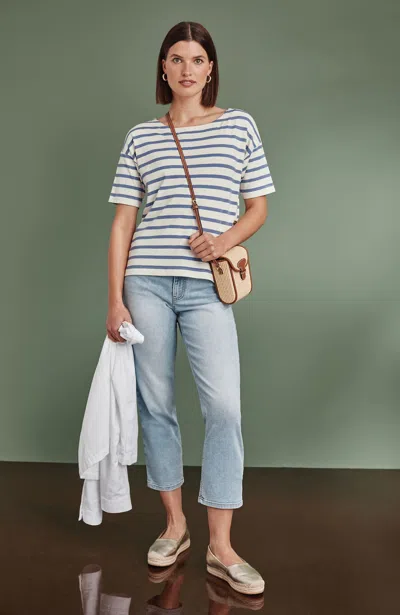 Jjill Petite Mixed-stripes Boat-neck Top In Cream/azure