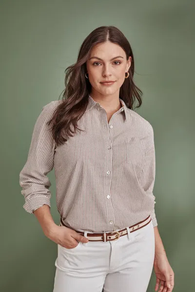 Jjill Petite One-pocket Button-front Shirt In Cocoa Bean/cream