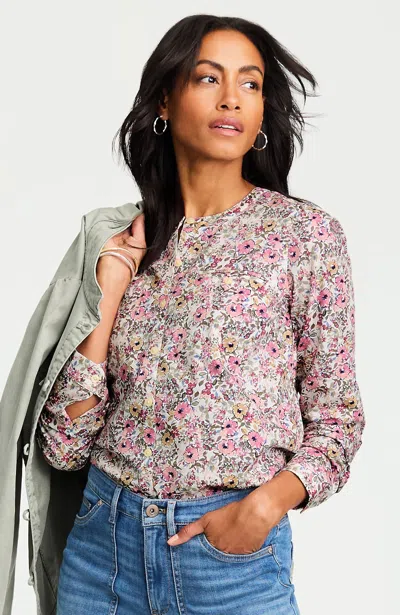 Jjill Petite Pima Cotton Band-collar Shirt In English Rose Floral Medley