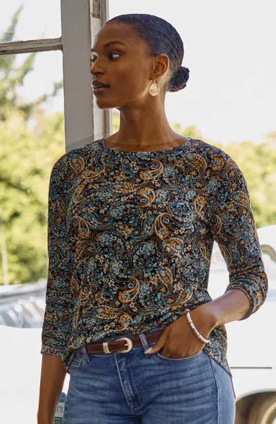 Jjill Petite Pima Long-sleeve Crew-neck Tee Shirt In Black Autumnal Paisley