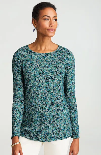 Jjill Petite Pima Long-sleeve Crew-neck Tee Shirt In Navy Blue Vibrant Flowerbed