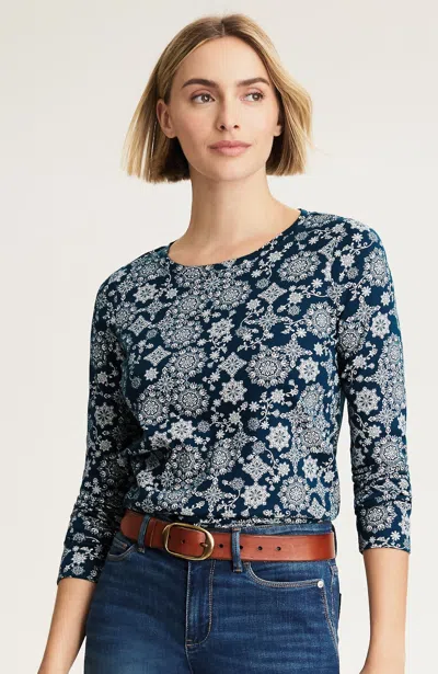 Jjill Petite Pima Long-sleeve Crew-neck Tee Shirt In Rich Teal Snowy Patchwork