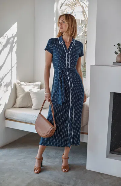Jjill Petite Piped-trim Polka-dot Dress In Classic Navy Pin Dots