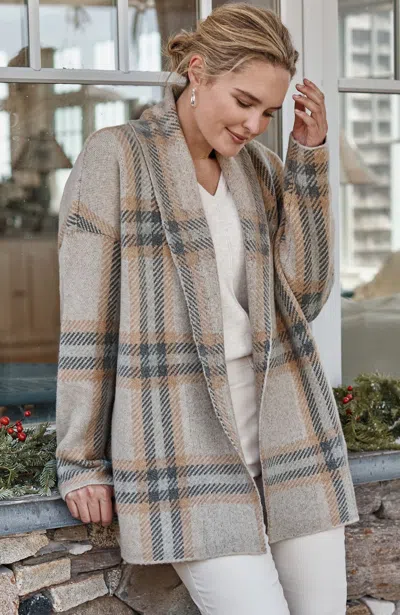 Jjill Petite Plaid Shawl-collar Cardigan In Brown