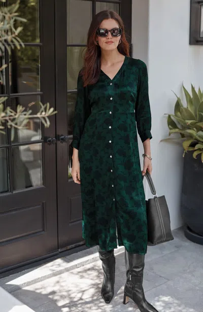 Jjill Petite Printed Button-front Dress In Pine Shadow Flowers