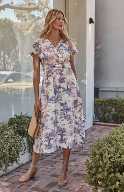 Jjill Petite Printed Linen Midi Dress In Pale Rose Vintage Toile