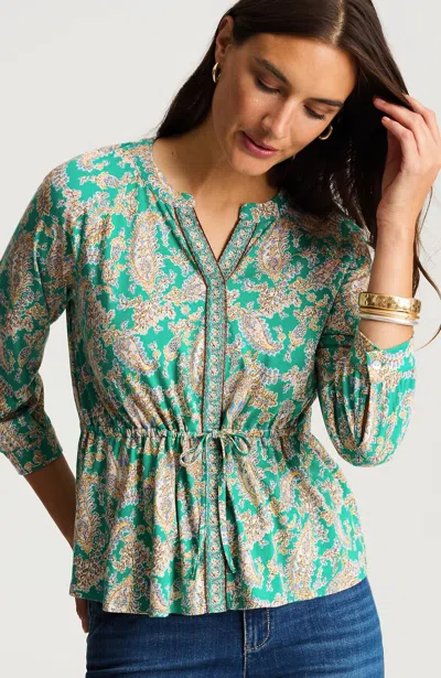 Jjill Petite Printed Tie-waist Knit Blouse In Jade Breezy Paisley