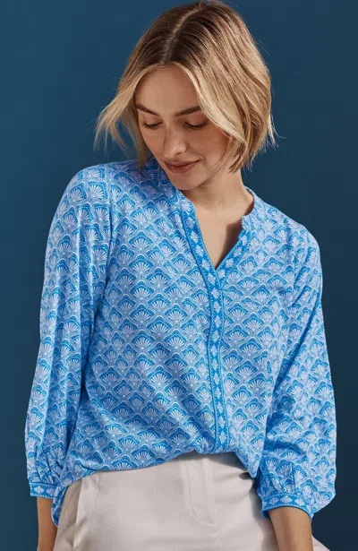 Jjill Petite Printed-border Popover In Bright Blue Deco Fan Mix