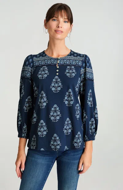 Jjill Petite Pure Jill Border-printed-yoke Top In Blue Bouquet Mix