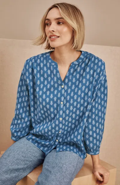 Jjill Petite Pure Jill Crinkled Button-front Top In Coastal Blue Stamped Medallion