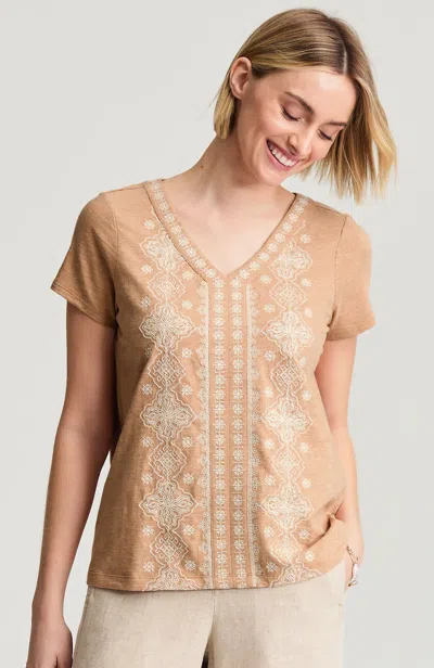 Jjill Petite Pure Jill Embroidered Cap-sleeve Tee Shirt In Light Smoky Topaz Heather/cream