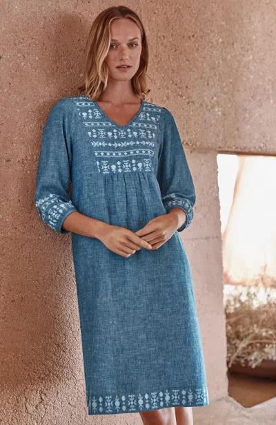 Jjill Petite Pure Jill Embroidered Linen-blend Dress In Ink Blue/cream