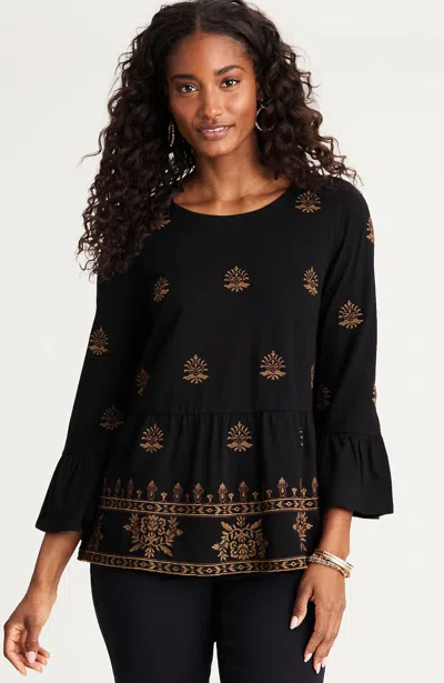 Jjill Petite Pure Jill Embroidered-knit Flounced Top Pullover In Black Multi