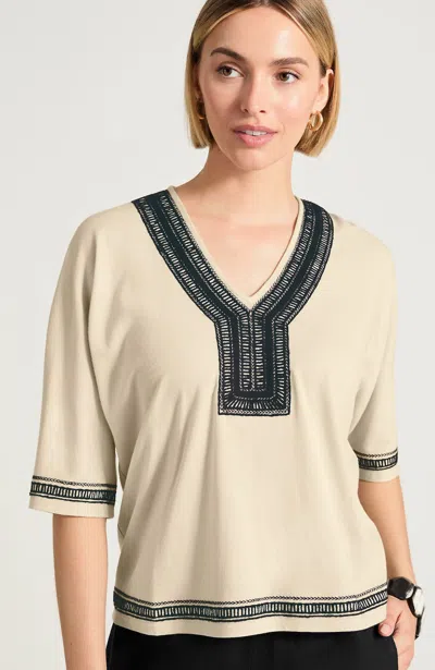 Jjill Petite Pure Jill Knit Embroidered-border Top In Ivory/ Black