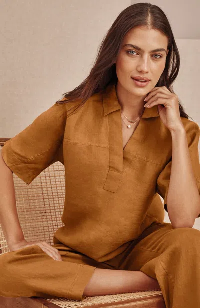 Jjill Petite Pure Jill Linen Collared Popover In Smoky Topaz