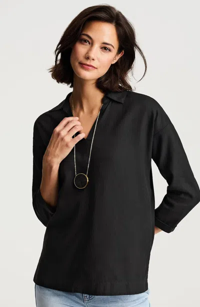 Jjill Petite Pure Jill Linen-blend Popover Shirt In Black