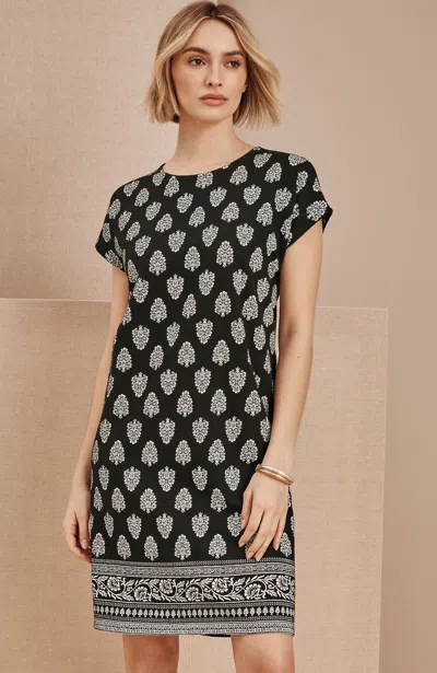 Jjill Petite Pure Jill Slub-knit T-shirt Dress In Black Stamped Floral